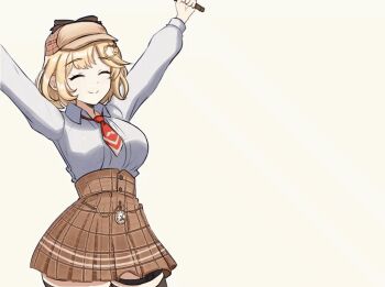 1girl animated animated_gif blonde_hair blue_eyes breasts hat holding holding_magnifying_glass hololive hololive_english holomyth looping_animation magnifying_glass necktie one_eye_closed plaid_clothes plaid_skirt shirt short_hair skirt smile teeth virtual_youtuber watson_amelia watson_amelia_(1st_costume) wink
