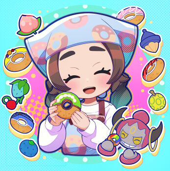 1girl :d ansha_(pokemon) apron berry_(pokemon) blue_apron brown_hair closed_eyes commentary donut donut_print eyelashes facing_viewer food food_print gen_6_pokemon hands_up happy highres holding holding_donut holding_food hoopa hoopa_(confined) itsumiruka legendary_pokemon long_hair long_sleeves mythical_pokemon nintendo open_mouth oran_berry pecha_berry pokemon pokemon_(creature) pokemon_legends:_z-a print_apron shirt smile teeth tongue upper_teeth_only white_shirt