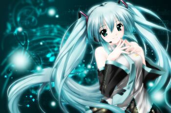 1girl 2000s_(style) aqua_eyes aqua_hair aqua_nails aqua_necktie black_sleeves detached_sleeves grey_shirt hatsune_miku headphones headset highres long_hair necktie roozaku shirt smile solo twintails very_long_hair vocaloid