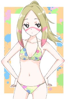 1girl alternate_costume alternate_hairstyle bikini blonde_hair border breasts collarbone cowboy_shot facing_viewer gluteal_fold groin half-closed_eyes hands_on_own_hips matsuokalive10 mina_(pokemon) navel paint_in_hair paint_splatter paint_splatter_on_face pokemon pokemon_sun_and_moon ponytail small_breasts solo standing swimsuit white_background yellow_border