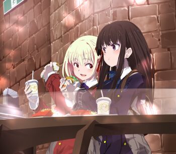 Rule 34 | 2girls, black eyes, black hair, blonde hair, blush, burger, commentary request, drinking straw, eating, food, french fries, highres, indoors, inoue takina, long hair, looking at another, lycoris recoil, multiple girls, napkin, nishikigi chisato, red eyes, school uniform, sengoku chidori, short hair, sitting, smile, table, teeth