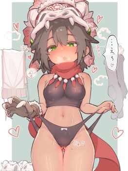 1girl absurdres bare_shoulders black_hair black_panties black_sports_bra bow bow_panties breasts clawed_gauntlets clothesline commentary_request cowboy_shot dark-skinned_female dark_skin fake_claws frontal_wedgie gloves gluteal_fold green_eyes haruka_kanata_(togassi1) heart heartbeat highres looking_at_viewer medium_breasts navel original panties red_scarf scarf self_wedgie short_hair single_glove skull_on_head socks solo spoken_heart sports_bra thigh_gap underwear unworn_socks wedgie wet