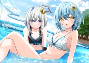 2girls alternate_costume amane_kanata bikini black_bikini black_wrist_cuffs blue_eyes blush bob_cut breasts cleavage collarbone commentary_request crossed_legs feet_out_of_frame flower frilled_bikini frills grey_hair hair_between_eyes hair_flower hair_ornament halo highres hololive innertube kamesys looking_at_viewer medium_breasts multiple_girls open_mouth purple_hair small_breasts smile star_halo sunflower swim_ring swimsuit virtual_youtuber water_slide white_bikini wrist_cuffs yellow_eyes yukihana_lamy