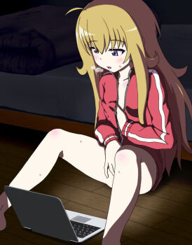 10s 1girl ahoge bed blonde_hair blush body_blush breasts breath collarbone computer female_focus female_masturbation gabriel_dropout gabriel_tenma_white grabbing_own_breast hair_between_eyes jacket laptop long_hair long_sleeves marugen masturbation on_floor open_clothes open_jacket open_mouth purple_eyes sitting solo spread_legs sweat track_jacket very_long_hair wooden_floor