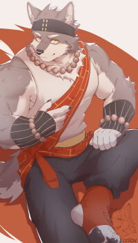 1boy absurdres animal_ears artist_logo artist_name artist_self-insert bead_necklace beads chinese_commentary claws closed_mouth commentary_request furry furry_male highres jewelry korilov logo looking_at_viewer male_focus necklace pawpads smile tail threefold_recital triratna_(threefold_recital) wolf_boy wolf_ears wolf_tail