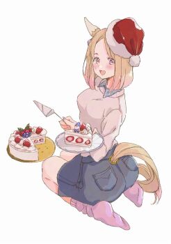 1girl animal_ears blonde_hair blue_shorts blueberry blush breasts bush cake cake_slice commentary_request ear_covers food fruit fur-trimmed_headwear fur_trim hat holding holding_plate holly horse_ears horse_girl horse_tail long_sleeves looking_at_viewer medium_breasts narita_top_road_(umamusume) open_mouth pastry_server pink_socks plate purple_eyes red_hat santa_hat seiza short_hair shorts simple_background single_ear_cover sitting smile socks solo strawberry sweater tail umamusume white_sweater yoiisand