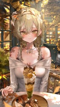 1girl alternate_costume alternate_hairstyle autumn autumn_leaves bare_shoulders blonde_hair braid breasts cleavage closed_mouth dress flower genshin_impact hair_between_eyes hair_flower hair_ornament highres ice_cream_cone jewelry large_breasts leaf long_sleeves looking_at_viewer lumine_(genshin_impact) necklace outdoors revision short_hair_with_long_locks sitting smile solo spoon twin_braids utsuhostoria white_dress white_flower yellow_eyes