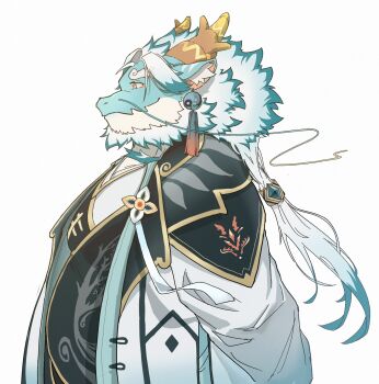 1boy animal_ear_fluff aqua_hair aqua_skin bara beard belly castaneaf chinese_clothes colored_skin dragon_boy dragon_horns earrings facial_hair fat fat_man from_side full_beard furry furry_male highres horns jewelry long_mustache looking_ahead male_focus mature_male multicolored_hair mustache prehensile_facial_hair profile qinglong_(housamo) solo thick_beard tokyo_houkago_summoners two-tone_beard two-tone_hair upper_body white_background