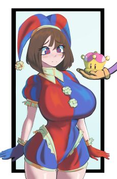 1boy 1girl absurdres alternate_breast_size_(larger) asymmetrical_gloves blue_dress blue_eyes blue_gloves breasts brown_hair closed_mouth commentary cowboy_shot crown dress english_commentary ferdinandusdart gloves hat highres holding holding_crown inset_border jax_(the_amazing_digital_circus) jester jester_cap large_breasts mismatched_gloves multicolored_eyes out_of_frame pomni_(the_amazing_digital_circus) puffy_short_sleeves puffy_sleeves raised_inner_eyebrows red_dress red_eyes red_gloves short_hair short_sleeves solo_focus super_crown the_amazing_digital_circus two-tone_dress two-tone_eyes white_background