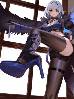 1girl bilingual_commentary black_boots black_pantyhose black_shorts black_thighhighs black_wings blue_bra boots bra breasts cleavage closed_mouth commentary english_commentary feathered_wings fuujin_(windust_michio) galbrena_(wuthering_waves) gold_choker grey_hair high_heel_boots high_heels highres looking_at_viewer medium_breasts medium_hair mixed-language_commentary paid_reward_available pantyhose purple_eyes shorts single_leg_pantyhose single_thighhigh single_wing solo thighhighs thighs underwear wings wuthering_waves