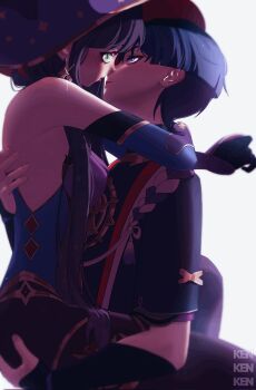 1boy 1girl after_kiss arm_around_neck armor artist_name black_gloves black_hair black_kimono black_pantyhose black_sleeves blue_leotard blue_sleeves blunt_bangs blunt_ends blush bodystocking couple detached_sleeves earrings elbow_gloves eye_contact eyelashes eyeliner eyeshadow face-to-face fingernails genshin_impact glint gloves gold gold_earrings gold_trim green_eyes hair_over_shoulder hand_on_another's_back hat head_tilt hetero highleg highleg_leotard highres hug japanese_armor japanese_clothes jewelry juban kimono kote kurokote layered_sleeves leotard long_hair looking_at_another makeup mitsudomoe_(shape) mona_(genshin_impact) moriko_ken11 neck_ring open_clothes open_kimono pantyhose parted_lips purple_eyes purple_sleeves red_eyeliner red_eyeshadow red_kimono saliva saliva_trail scaramouche_(genshin_impact) short_sleeves sidelocks star_(symbol) star_earrings star_print thighlet tomoe_(symbol) tongue tongue_out two-tone_sleeves white_background white_kimono witch_hat