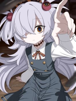 1girl blank_stare blue_archive brown_eyes brown_halo choker collared_shirt commentary_request diagonal-striped_ribbon dress flask green_dress gumakara hair_ornament hair_over_one_eye halo hand_on_ground highres kanoe_(blue_archive) long_bangs long_hair pale_skin pinafore_dress reaching reaching_towards_viewer round-bottom_flask shirt sleeveless sleeveless_dress twitter_username very_long_hair watermark white_hair white_shirt