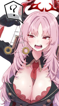 1girl absurdres between_breasts black_gloves blue_archive bra bra_peek breasts cleavage coin coin_on_string demon_horns gloves halo highres holding holding_pendulum holed_coin horns hypnosis hypnotizing_viewer large_breasts long_hair mind_control mole mole_on_breast multicolored_horns necktie necktie_between_breasts open_mouth pendulum pink_hair red_bra red_horns red_necktie satsuki_(blue_archive) simple_background solo take-run-atelier two-tone_horns underwear