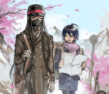 2boys absurdres ahoge backpack bag bandaged_hand bandages black_coat black_hair black_mask blue_sky blush branch brown_coat brown_eyes cherry_blossoms closed_eyes coat commentary covered_mouth danganronpa_(series) danganronpa_v3:_killing_harmony english_commentary eyelashes gakuran hair_between_eyes hat height_difference highres holding holding_map jacket long_hair long_sleeves male_focus map mask messenger_bag mountain mouth_mask multiple_boys open_mouth outdoors pants pink_scarf saihara_shuichi scarf school_uniform shinguji_korekiyo short_hair shoulder_bag sky smile snoozaga spring_(season) teeth tree upper_body upper_teeth_only walking