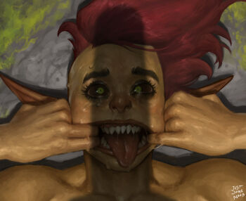 1girl artist_name baldur&#039;s_gate baldur&#039;s_gate_3 black_sclera colored_sclera colored_skin dungeons_&amp;_dragons dungeons_&amp;_dragons female_goblin finger_in_own_mouth goblin green_eyes green_skin highres imminent_fellatio justsomenoob open_mouth penis penis_awe penis_shadow pointy_ears red_hair sazza_(baldur&#039;s_gate) sharp_teeth solo submission teeth tongue tongue_out