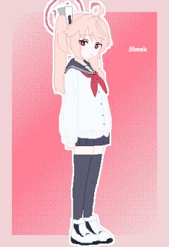 1girl absurdres ahoge black_skirt black_thighhighs blue_archive border closed_mouth from_side full_body halo hashtag-only_commentary highres long_hair long_sleeves looking_at_viewer miniskirt natsu_(blue_archive) outside_border pink_background pink_border pink_hair pink_halo pixel_art red_eyes shirt shoes side_ponytail skirt slmnk10124 solo standing thighhighs white_shirt white_shoes