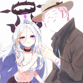 1boy 1girl black_halo blue_archive blush breasts demon_girl demon_horns doodle_sensei_(blue_archive) halo hashtag-only_commentary hat highres hina_(blue_archive) horns ilyowal looking_at_viewer navel purple_eyes sensei_(blue_archive) simple_background small_breasts smile v white_background