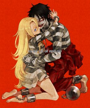 1boy 1girl arms_around_neck ball_and_chain_restraint bandaged_hand bandaged_head bandages barefoot black_hair blonde_hair blue_eyes bound bound_ankles bound_together bound_wrists chain chain_leash clothes_around_waist colored_eyelashes cuffs english_text expressionless full_body handcuffs highres hug isaac_foster iseatingstone jacket jacket_around_waist kneeling leash long_hair looking_at_viewer pants prison_clothes rachel_gardner red_background red_pants restrained satsuriku_no_tenshi shirt short_hair simple_background smile striped_clothes striped_shirt