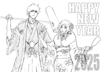1boy 1girl 2025 bleach closed_mouth cow floral_print floral_print_kimono fur-trimmed_kimono fur_trim furisode greyscale hagoita hair_between_eyes hair_bun happy_new_year hashtag-only_commentary holding holding_mallet holding_paddle holding_shuttlecock inoue_orihime japanese_clothes kimono kubo_tite_(style) kurosaki_ichigo long_hair mallet monochrome new_year open_mouth over_shoulder paddle parted_bangs print_kimono rakusakugk sharp_teeth short_hair shuttlecock sidelocks sketch smile teeth updo weapon weapon_over_shoulder white_background
