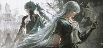 2boys armor artist_name back_cutout blood bridal_gauntlets closed_mouth clothing_cutout commentary earrings english_commentary geshu_lin_(wuthering_waves) green_hair green_shirt grey_hair grey_shirt hadanugi_dousa hand_up highres jewelry jiyan_(wuthering_waves) jvn long_hair looking_at_hand male_focus multiple_boys open_kimono people ponytail shirt short_sleeves tacet_mark_(wuthering_waves) two-tone_shirt wuthering_waves