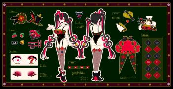 1girl 7_(number) :d absurdres ace_(playing_card) ace_of_hearts animal_ears ass banknote bell black_gloves black_hair black_leotard black_shoes black_skirt bow bowtie breasts card cherry_hair_ornament closed_eyes club_(shape) colored_shoe_soles commentary_request d!ce dart dartboard diamond_(shape) dice eyelashes eyeshadow fake_animal_ears fake_tail fishnet_thighhighs fishnets food-themed_hair_ornament from_behind fruit_hair_ornament garter_straps gloves green_background hair_ornament hair_rings hat heart high_heels highleg highleg_leotard highres indie_virtual_youtuber large_breasts leotard long_hair makeup marquee_lights money multiple_views official_art open_mouth outline outstretched_arms pale_skin playing_card rabbit_ears rabbit_tail red_eyeshadow red_hair reference_sheet roulette saida_aisu sharp_teeth shoes simple_background skirt smile spade_(shape) spread_arms symbol_in_eye tail teeth thighhighs top_hat translation_request tucked_money twintails very_long_hair virtual_youtuber watermelon_hair_ornament white_outline
