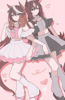 2girls absurdres animal_ears black_shirt black_shoes black_shorts black_skirt black_socks blush breasts brown_hair closed_mouth clothing_cutout cropped_shirt detached_collar ear_ornament earrings hair_between_eyes heart highres horse_ears horse_girl horse_tail jewelry kiri_rio7 layered_skirt leg_warmers locked_arms long_hair looking_at_viewer loose_socks meni_shuki_rush-sshu! midriff multicolored_hair multiple_girls pink_shirt pink_skirt pink_socks purple_eyes red_eyes shirt shoes shorts shoulder_cutout single_earring sirius_symboli_(umamusume) skirt smile socks streaked_hair symboli_rudolf_(umamusume) tail umamusume white_hair