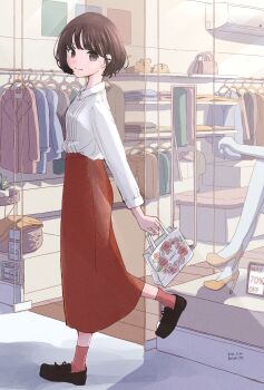 1girl arm_at_side bag black_hair black_shoes bob_cut brown_eyes choppy_bangs closed_mouth clothes_hanger commentary commentary_request dated english_commentary film_grain from_side full_body highres holding holding_bag jacket long_skirt long_sleeves looking_at_viewer looking_to_the_side matoramiri mixed-language_commentary original pink_socks red_skirt shelf shirt shirt_tucked_in shoes shop short_hair skirt smile sneakers socks solo turning_head unworn_jacket walking white_shirt window