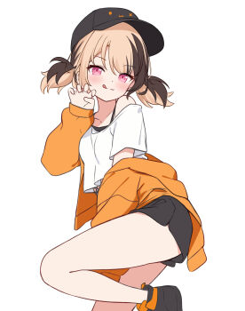1girl alternate_costume baseball_cap black_shoes black_shorts brown_hair closed_mouth collarbone commentary cropped_shirt dot_nose english_commentary gigi_murin hat highres hitsukuya hololive hololive_english jacket long_hair long_sleeves looking_at_viewer open_clothes open_jacket orange_jacket pink_hair shirt shoes short_twintails shorts simple_background smile sneakers solo tongue tongue_out twintails virtual_youtuber white_background white_shirt