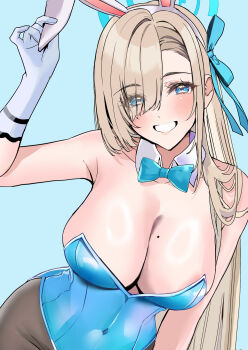 1girl absurdres animal_ears asuna_(blue_archive) asuna_(bunny)_(blue_archive) blonde_hair blue_archive blue_background blue_bow blue_bowtie blue_eyes blue_halo blue_leotard bow bowtie breasts cowboy_shot detached_collar fake_animal_ears gloves hair_over_one_eye halo highleg highleg_leotard highres large_breasts leotard long_hair looking_at_viewer mole mole_on_breast nakano_kura official_alternate_costume pantyhose playboy_bunny rabbit_ears smile strapless strapless_leotard traditional_bowtie white_gloves