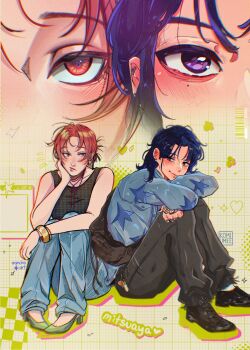 Rule 34 | 2girls, :/, aandra art, artist collaboration, artist logo, artist name, bag, barcode, bare arms, bare shoulders, beamed eighth notes, black hair, black nails, black pants, black shoes, black tank top, blue hair, blue pants, blue shirt, bracelet, brown eyes, brown hair, commentary, ear piercing, english commentary, eye focus, fishnet sleeves, fishnets, flying sweatdrops, full body, gold bracelet, green shoes, grid background, halftone, hand on own face, head rest, heart, high heels, highres, jewelry, keyring, kininatteru hito ga otoko ja nakatta, knees up, koga mitsuki, komiumee, logo, looking at another, mole, mole under eye, multiple girls, multiple rings, musical note, oosawa aya, pants, parted bangs, piercing, projected inset, purple eyes, ring, ship name, shirt, shoes, shoulder bag, sitting, star (symbol), star print, tank top, tsurime, window (computing)