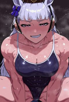 1girl abs animal_ears blue_one-piece_swimsuit blunt_bangs bow ear_covers gold_ship_(umamusume) grey_hair grin highres horse_ears horse_girl hyojin_en looking_at_viewer muscular muscular_female one-piece_swimsuit pillbox_hat purple_bow purple_eyes smile swimsuit umamusume