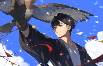 Rule 34 | 1boy, 8083 blue, animal on arm, bird, bird on arm, black hair, blue sky, brown gloves, commentary, gloves, hawk, hoshina soshiro, japanese clothes, kaijuu no. 8, looking to the side, male focus, parted lips, red eyes, ringed eyes, short hair, sky, solo, string of flags, tassel