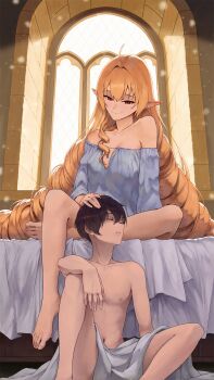1boy 1girl absurdres ahoge aqwariate bare_shoulders barefoot bed bed_sheet black_hair blonde_hair blue_skirt breasts cliff_grimoire closed_mouth commentary couple drill_hair elf elinalise_dragonroad english_commentary feet feet_out_of_frame figure_four_sitting hair_between_eyes hand_on_another&#039;s_head hetero highres indoors knee_up large_breasts light_particles long_hair long_pointy_ears long_sleeves morning mushoku_tensei naked_sheet navel off-shoulder_shirt off_shoulder on_bed on_floor parted_lips pointy_ears red_eyes shirt short_hair sitting skirt smile sunlight teeth toes twin_drills very_long_hair window