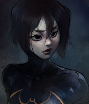 1girl batgirl batman_symbol black_bodysuit black_eyes black_hair blood blood_on_face bodysuit cassandra_cain commentary dc_comics english_commentary looking_to_the_side no_mask psuede short_hair solo superhero_costume upper_body