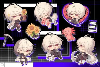 1boy :p ;/ a_date_with_death ahoge apron axolotl barefoot black_gloves black_jacket black_shirt casper_(a_date_with_death) cat chibi chibi_only closed_eyes computer crossed_legs flower flower_pot gloves grey_hoodie hair_over_shoulder holding holding_flower_pot holding_scythe hood hood_up hoodie hugging_object jacket jacket_partially_removed jellyfish_cut laptop looking_back male_focus multiple_expressions multiple_views official_art open_mouth phone phreinne promotional_art red_eyes scythe shirt sleeveless sleeveless_shirt sleeves_rolled_up stuffed_animal stuffed_toy sunflower tongue tongue_out white_hair