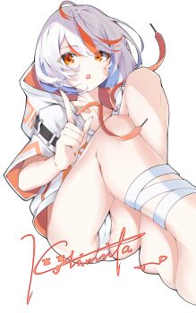 1girl :o bandaid bandaids_on_nipples breasts cameltoe commentary drawstring facial_mark hand_up highres hood hood_down hoodie index_finger_raised kolimiya legs looking_at_viewer medium_breasts multicolored_hair open_mouth orange_eyes orange_streaks original panties parted_bangs pasties short_hair short_sleeves signature simple_background solo streaked_hair swept_bangs underwear white_background white_hair white_hoodie white_panties