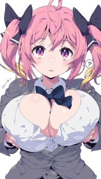 1girl :o ? ahoge black_ribbon blonde_hair blue_bow blush bow breast_lift breasts button_gap buttons collared_jacket collared_shirt grey_jacket hair_between_eyes hair_bow hair_ribbon highres jacket large_breasts looking_at_viewer multicolored_hair multiple_hair_bows oomura_karasu open_clothes open_mouth open_shirt original pink_eyes pink_hair ribbon ribbon_between_breasts school_uniform shirt signature simple_background solo speech_bubble spoken_question_mark striped_bow twintails upper_body white_background white_shirt