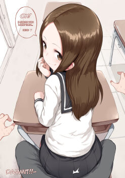 1boy 1girl ass back brown_eyes brown_hair hard-translated hews highres karakai_jouzu_no_takagi-san loli long_hair looking_at_viewer looking_back naughty_face on_lap school_uniform seductive_smile sexually_suggestive sitting sitting_on_lap sitting_on_person smile takagi-san teasing third-party_edit