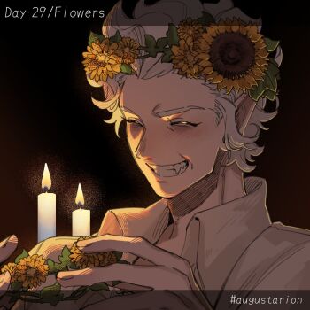 Rule 34 | 1boy, astarion, baldur's gate, baldur's gate 3, candle, closed eyes, commentary, dungeons & dragons, dungeons &amp; dragons, fang, flower, grin, hashtag, imozonokan, male focus, pointy ears, portrait, smile, solo, white hair