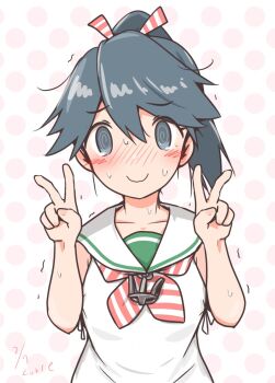 Rule 34 | 1girl, @ @, anchor ornament, black hair, commentary request, cosplay, curse (023), double v, dress, grey eyes, highres, houshou (kancolle), kantai collection, libeccio (kancolle), libeccio (kancolle) (cosplay), neckerchief, one-hour drawing challenge, polka dot, polka dot background, ponytail, sailor dress, sleeveless, sleeveless dress, smile, solo, striped neckerchief, sweat, upper body, v, very sweaty