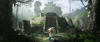 1boy 2204design 3d black_boots blender_(medium) boots borrowed_design brown_cloak cloak cloud cloudy_sky commentary day dr._eggman english_commentary furry gloves goggles goggles_on_head grass hedgehog_boy in-universe_location male_focus moss outdoors overgrown plant rock rubble ruins scenery silver_the_hedgehog sky solo sonic_(series) stairs standing statue sword tree vines weapon white_fur white_gloves