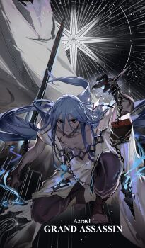 Rule 34 | 1boy, absurdres, azrael (grand assassin) (fate), black eyes, blue hair, colored skin, commentary, dark-skinned male, dark skin, english commentary, facial scar, fate/grand order, fate (series), feijiu, grand servant (fate/grand order), grey skin, hair between eyes, hair ornament, highres, long hair, looking at viewer, male focus, robe, scar, scar on cheek, scar on chest, scar on face, solo, star (symbol), torn clothes, torn robe, white robe