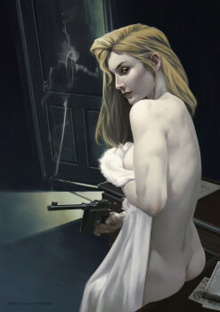 Rule 34 | 1girl, absurdres, artist name, ass, asymmetrical bangs, atlantis: the lost empire, back, blanket, blonde hair, breasts, commentary, covering breasts, covering privates, desk, dima ivanov, door, english commentary, english text, facing away, fingernails, gun, hair behind ear, handgun, helga sinclair, highres, holding, holding blanket, holding gun, holding weapon, light trail, lipstick, long hair, looking at viewer, makeup, map, mauser c96, mole, mole under eye, nose, on desk, open door, pale skin, papers, red lips, simple background, sitting, smoke, smoking barrel, toned, toned female, watermark, weapon, web address