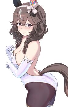 Rule 34 | 1girl, animal ears, ass, bare shoulders, black eyes, black leotard, black pantyhose, blush, braid, breasts, brown hair, cleavage, closed mouth, commentary request, curren bouquetd'or (umamusume), ear covers, elbow gloves, enumiyaa, from side, gloves, hair between eyes, highres, horse ears, horse girl, horse tail, leotard, long hair, looking at viewer, low twin braids, medium breasts, mismatched ear covers, multicolored hair, nontraditional playboy bunny, pantyhose, simple background, smile, solo, streaked hair, sweat, tail, twin braids, umamusume, white background, white gloves, white streaks