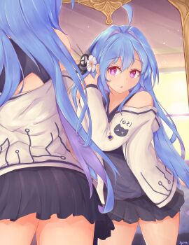 1girl absurdres ahoge alternate_costume artist_name azur_lane bare_shoulders black_shirt black_skirt blue_hair flower hair_flower hair_ornament helena_(azur_lane) highres indoors jacket kyl490 leaning_forward long_hair miniskirt multicolored_hair open_clothes open_jacket purple_eyes purple_hair reflection shirt skirt sleeveless sleeveless_shirt solo standing two-tone_hair white_flower white_jacket