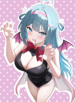 1girl absurdres ahoge amano_nene_(vtuber) animal_ear_fluff black_leotard blood blood_from_mouth blue_eyes blue_hair blush bow bowtie braid breasts brooch cleavage cleavage_cutout clothing_cutout eikawa_suru fang hairband head_wings heart_cutout highres indie_virtual_youtuber jewelry leotard long_sleeves mole mole_on_breast open_mouth pink_hairband pink_nails polka_dot polka_dot_background red_bow red_bowtie second-party_source skin_fang solo virtual_youtuber wings