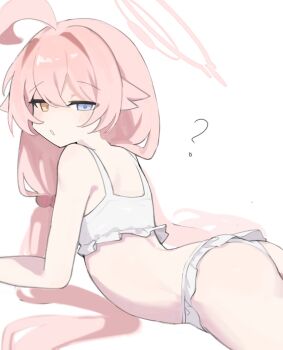 1girl ? ahoge ass bikini blue_archive blue_eyes blush commentary_request frilled_bikini frills hair_bobbles hair_ornament halo heterochromia highres hoshino_(blue_archive) hoshino_(swimsuit)_(blue_archive) imro_0000 korean_commentary long_hair looking_at_viewer low_twintails lying official_alternate_costume on_stomach pink_hair pink_halo simple_background solo swimsuit twintails very_long_hair white_background white_bikini yellow_eyes