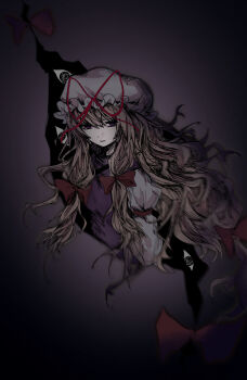1girl absurdres blonde_hair bow closed_mouth commentary dress expressionless gap_(touhou) hair_bow hat hat_ribbon highres long_hair looking_at_viewer mob_cap multiple_hair_bows purple_background purple_eyes purple_tabard red_bow red_ribbon ribbon sixsec6ndzlater solo tabard touhou upper_body vignetting white_dress white_hat yakumo_yukari