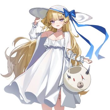 1girl absurdres alternate_costume basket blonde_hair blue_bow bow breasts cleavage commentary cuddle_wuddle_(wuthering_waves) dress elbow_carry hand_on_own_hat hashtag-only_commentary hat hat_bow highres holding holding_basket jacket long_dress long_hair looking_at_viewer medium_breasts objectification open_clothes open_jacket open_mouth oxooxo666 phoebe_(wuthering_waves) purple_eyes simple_background single_bare_shoulder single_off_shoulder smile solo tacet_mark_(wuthering_waves) very_long_hair white_background white_dress white_hat white_jacket wuthering_waves