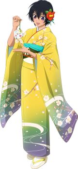Rule 34 | :d, black hair, floral print, flower, game cg, hair flower, hair ornament, highres, holding, japanese clothes, kimono, looking at object, obi, obijime, official alternate costume, official art, okobo, open mouth, platform sandals, red flower, rutee katrea, rutee katrea (new year), sandals, sash, short hair, smile, tales of (series), tales of asteria, tales of destiny, transparent background, very short hair, yellow kimono